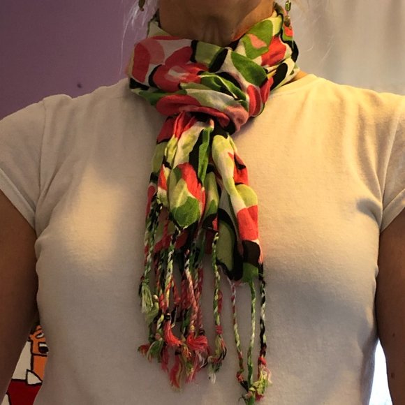 Lightweight floral fringe scarf in shades of pink, greens, black & white - Picture 1 of 6